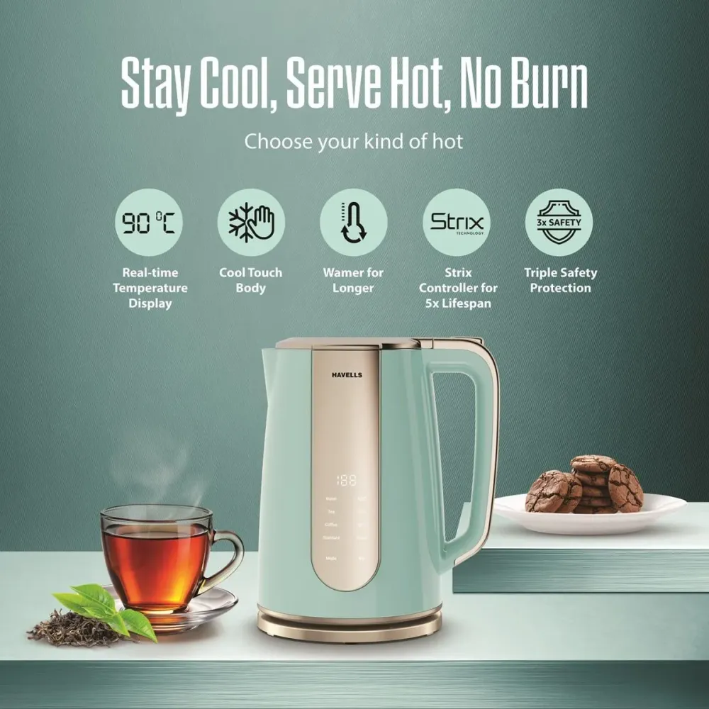 Electric Kettle |1.5 L |1600W |Live Temperature Display |Blue & Gold |Havells