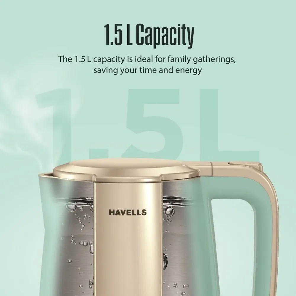 Electric Kettle |1.5 L |1600W |Live Temperature Display |Blue & Gold |Havells