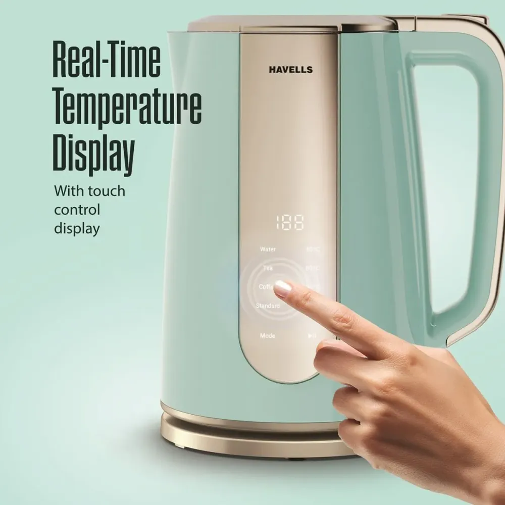 Electric Kettle |1.5 L |1600W |Live Temperature Display |Blue & Gold |Havells