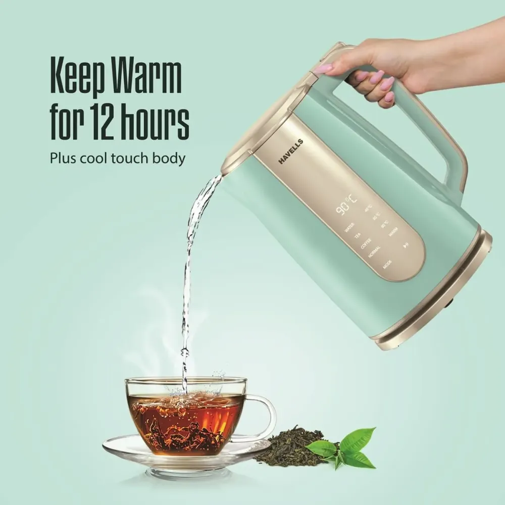 Electric Kettle |1.5 L |1600W |Live Temperature Display |Blue & Gold |Havells