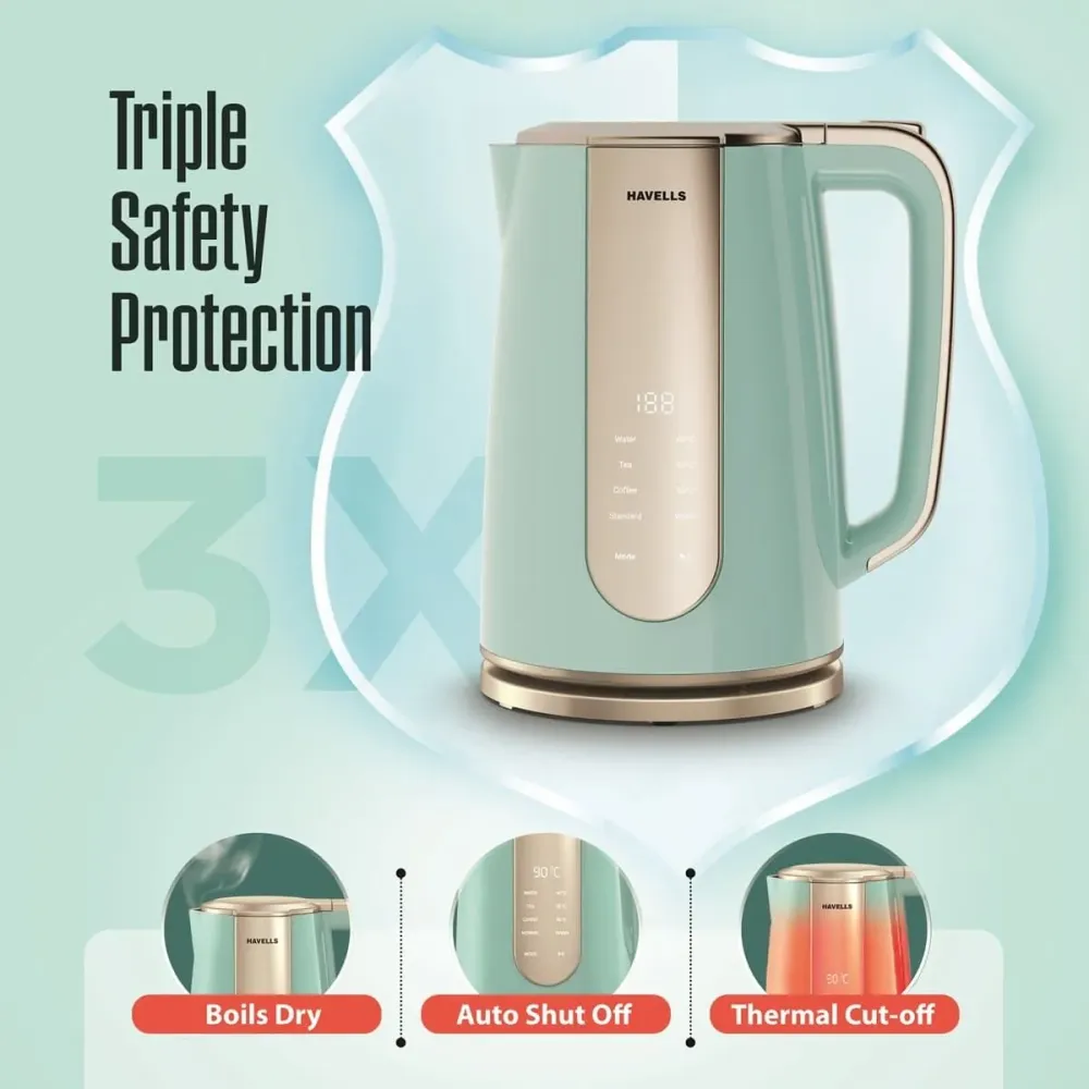 Electric Kettle |1.5 L |1600W |Live Temperature Display |Blue & Gold |Havells
