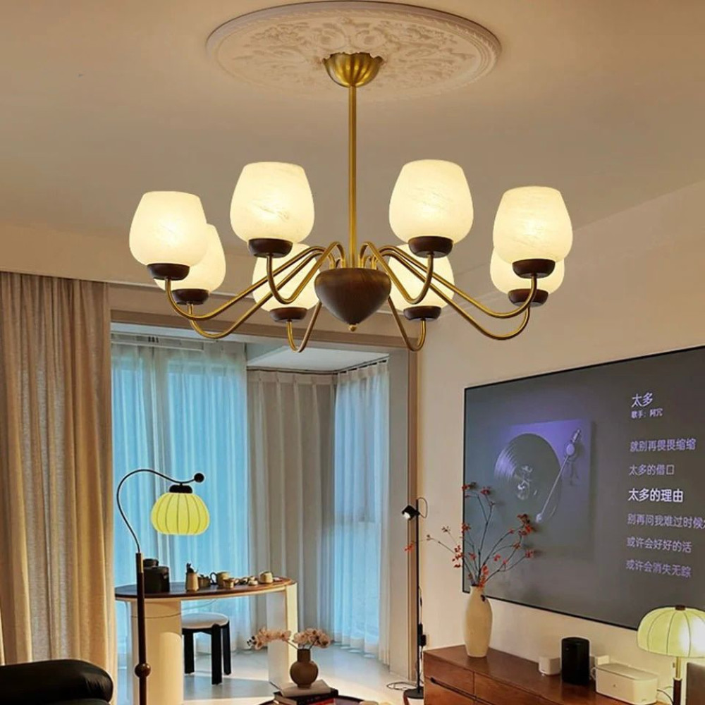 Aurorium Hallway Chandelier with Globe Glass Shades | Gold & Walnut Finish | Jagmag Lights