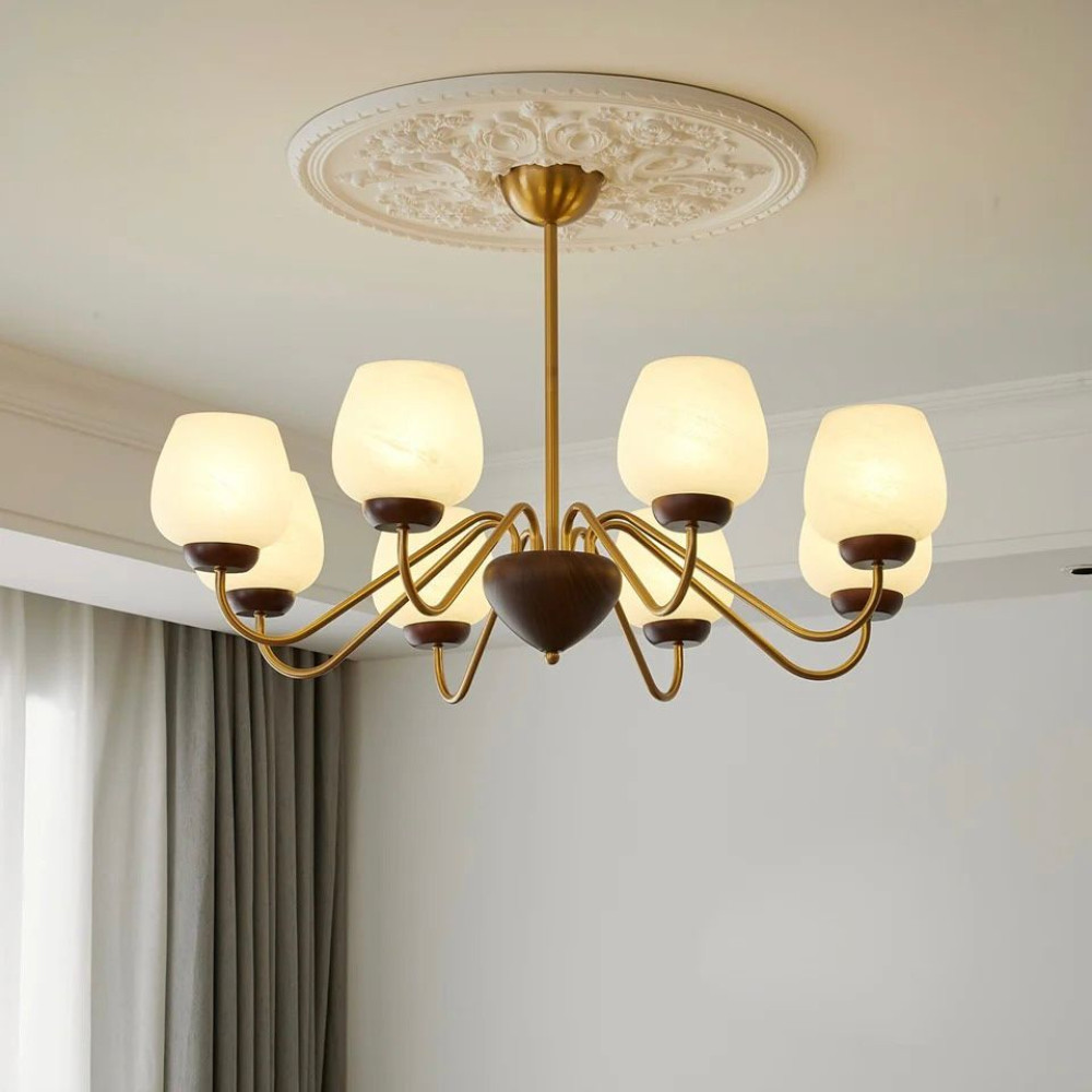 Aurorium Hallway Chandelier with Globe Glass Shades | Gold & Walnut Finish | Jagmag Lights