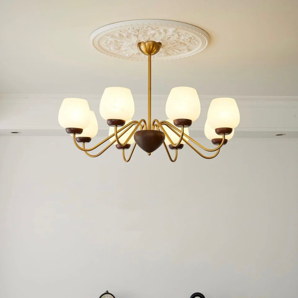 Aurorium Hallway Chandelier with Globe Glass Shades | Gold & Walnut Finish | Jagmag Lights