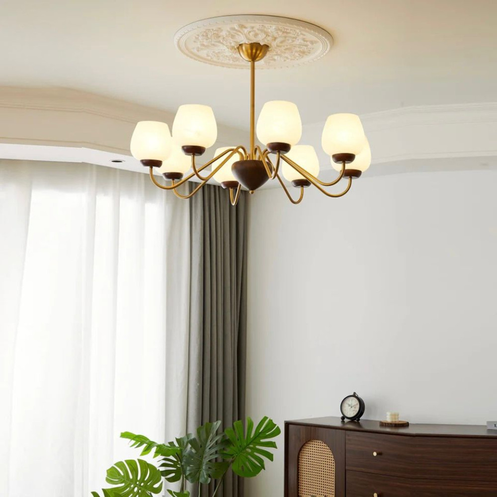 Aurorium Hallway Chandelier with Globe Glass Shades | Gold & Walnut Finish | Jagmag Lights