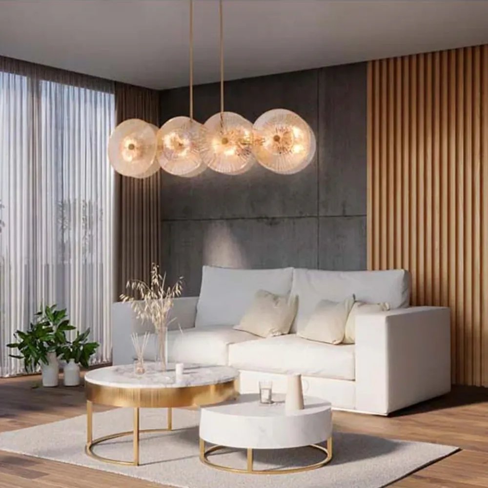 Gold Chandelier with Amber & Clear Glass–Elegant Ceiling Light