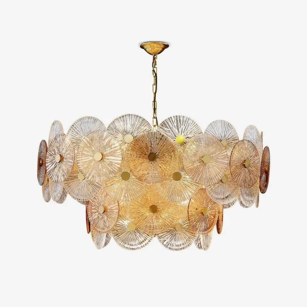 Gold Chandelier with Amber & Clear Glass–Elegant Ceiling Light