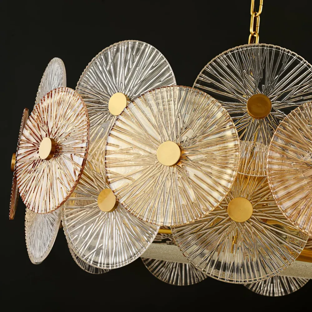 Gold Chandelier with Amber & Clear Glass–Elegant Ceiling Light